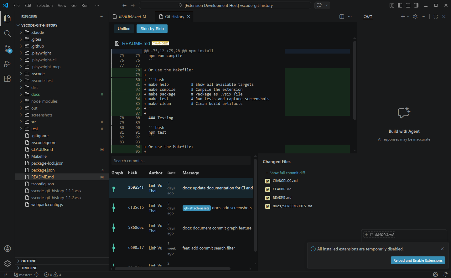 Git History showing the commit list for a file with a diff viewer