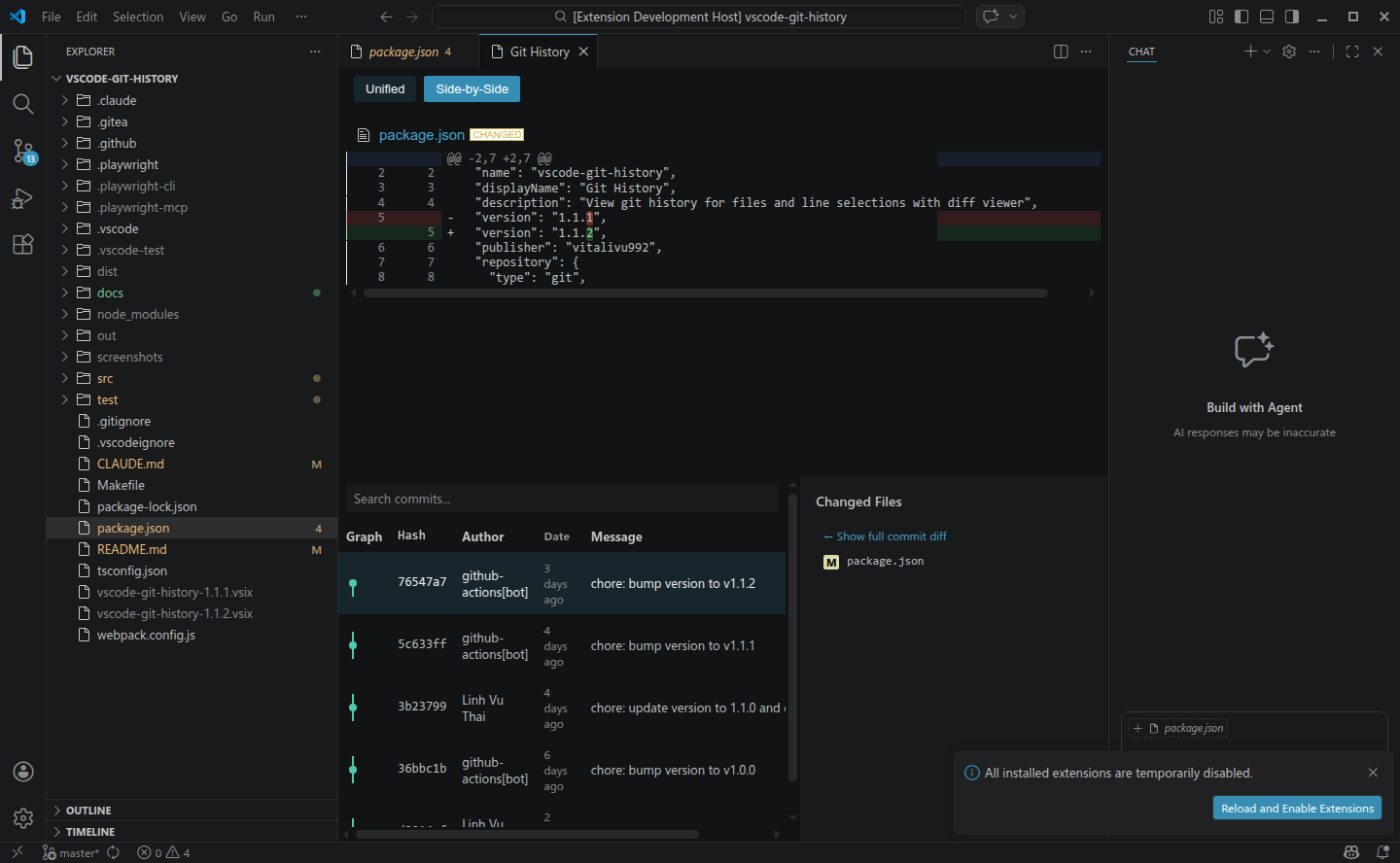 Git History filtered to the commits that touched the selected lines