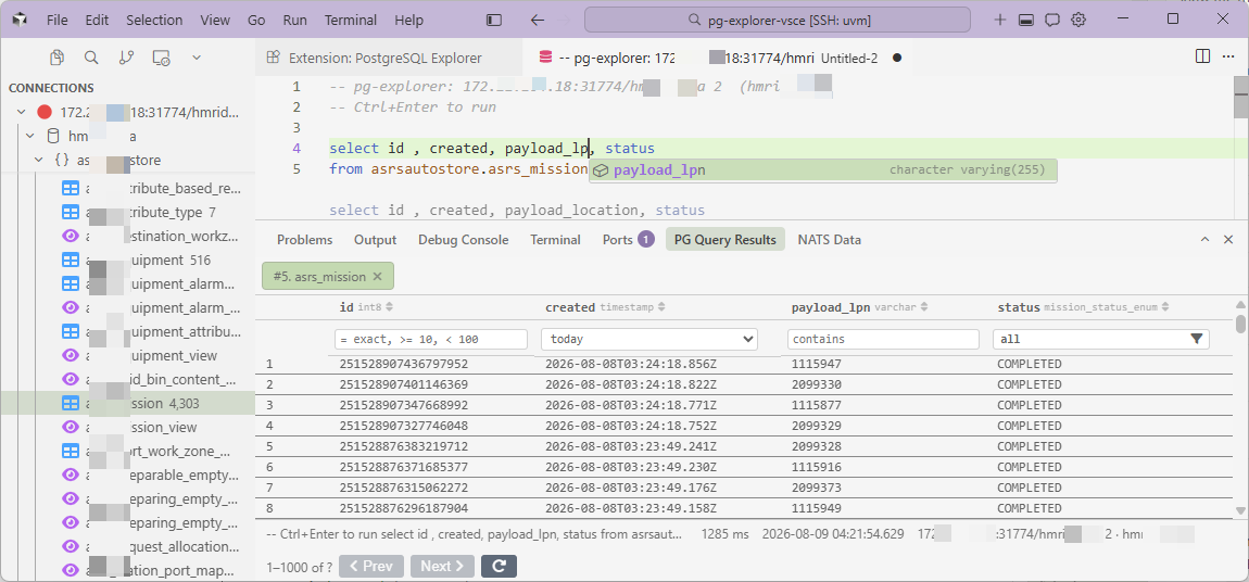PostgreSQL Explorer showing query results in the VS Code bottom panel